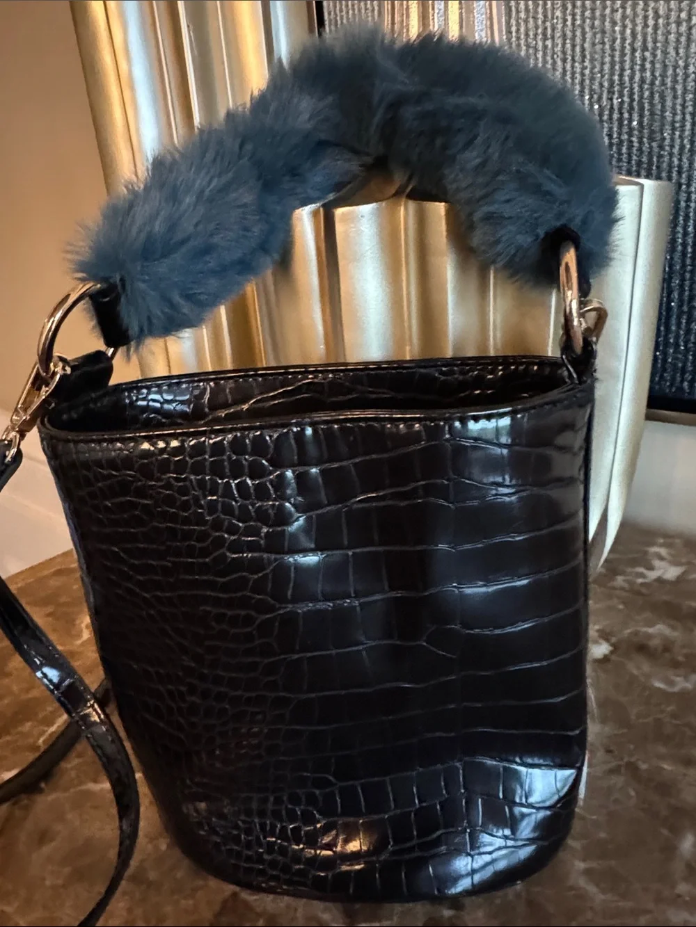 Black Croc-Embossed Bucket Bag with Gray Fur Handle Anthropologie